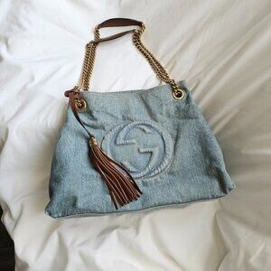 Gucci Soho Denim Chain Tote Bag Light Blue Washed Jean Leather Tassel